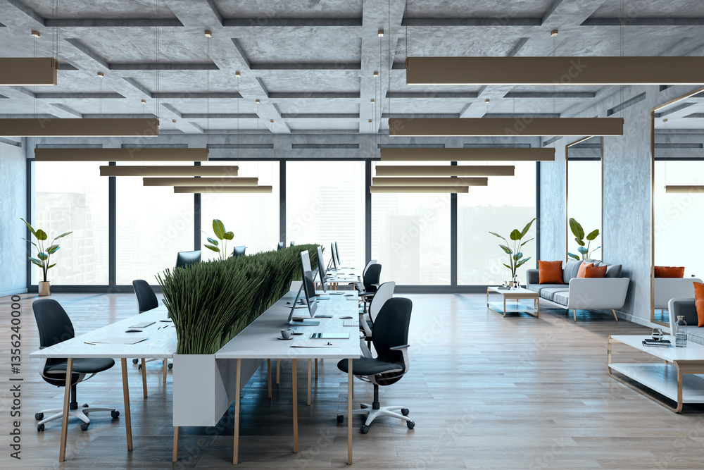 Poster modern open-plan office with panoramic city view. 3d rendering