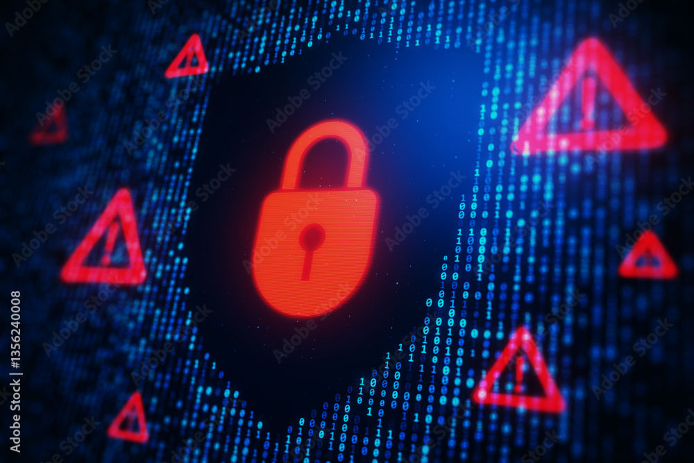 Poster Cybersecurity concept with red padlock and warning signs on digital blue background. 3D Rendering