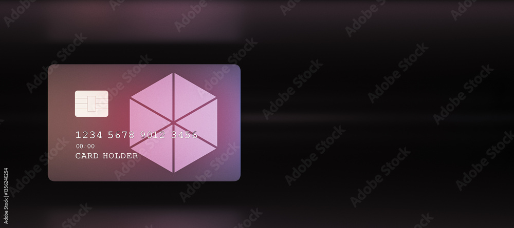 Poster blank credit card mockup with chip and embossed numbers on dark background. 3d rendering