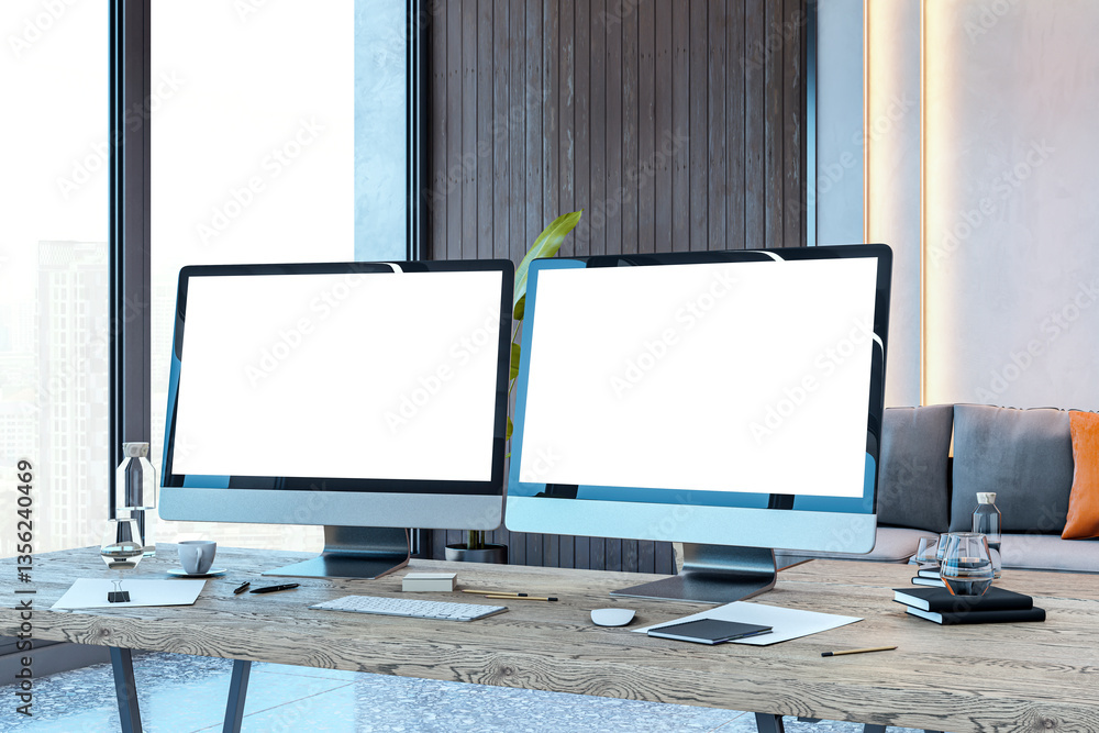 Aufkleber dual desktop computer mockup on wooden desk in modern office with city view. 3d rendering