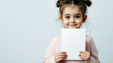  A cheerful young girl smiles brightly while holding a blank book. Her joyful expression and playful demeanor capture the essence of childhood innocence and creativity.
