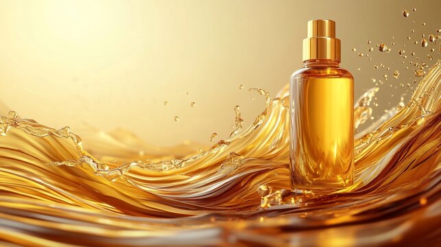 Luxurious golden elixir with flowing wave pattern creates elegant backdrop