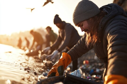 Cleaning the riverside with purpose as the sun rises, showcasing community spirit and environmental renewal - Powered by Adobe