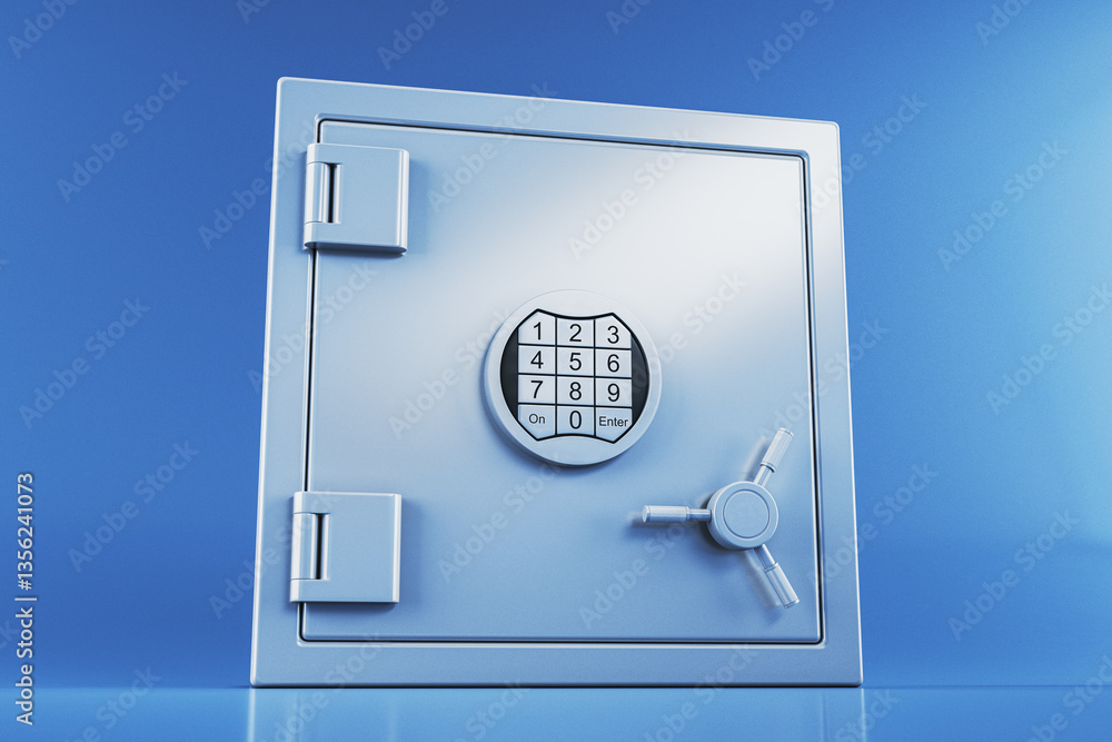 Poster Secure metal safe with digital keypad and combination lock on blue background. 3D Rendering