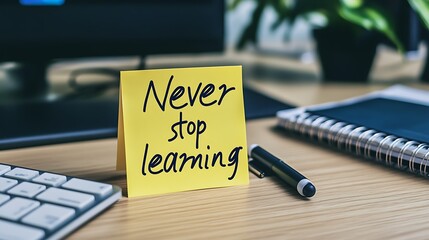 Motivational Sticky Note on Learning, A motivational sticky note saying Never stop learning placed on a wooden table next to a decorative plant in a patterned pot