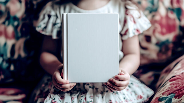 A charming mockup of a blank white hard cover childrens book held by a young girl in a floral couch setting,