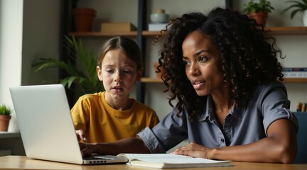 Mother And Daughter Collaborating On Laptop For Online Learning In Modern Home Setting With Focus On Technology Integration