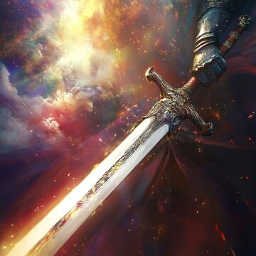 Sword in hero&Atilde;&cent;&acirc;&sbquo;&not;&acirc;&bdquo;&cent;s hand charging into battle under vibrant sunlight, dynamic motion blur, and an intense, inspiring mood.