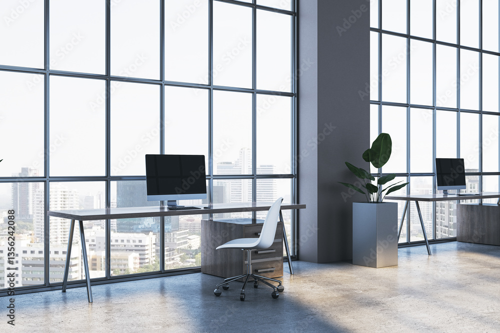 Poster modern office interior with large windows and city view. 3d rendering