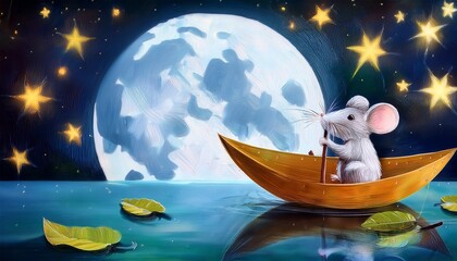 Naklejka premium Charming hand-painted children’s book illustration of a little mouse sailing on a leaf boat across a gentle stream. Whimsical woodland setting, soft colors and storybook details create a magical scene