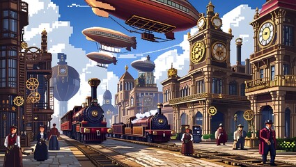 A bustling steampunk city filled with pixel art airships floating in the sky, . The streets are paved with brass and cobblestone