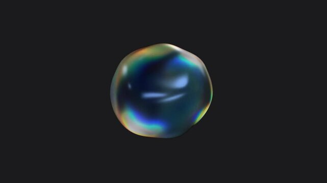 Transparent multicolored water bubble with iridescent effect. Abstract liquid distorted sphere on the black background. 3d render 4K loop animation.