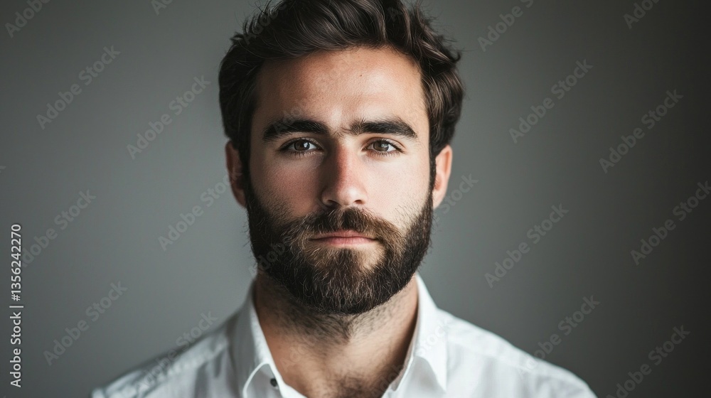 Poster a young man poses with a serious expression, showcasing a well-groomed beard and striking features. 