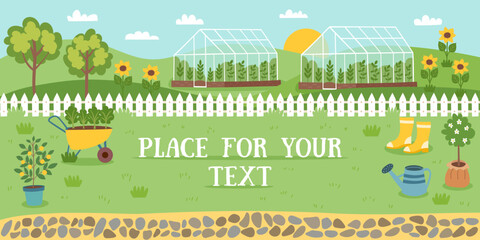 Agricultural, spring and gardening concept banner. Background of spring garden with greenhouses, plants and tools for planting. Vector hand drawn illustration.