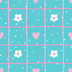 Seamless vector illustration of hearts and chamomile flowers, perfect for Valentines Day and spring designs, wrapping paper, and kids clothing, textile