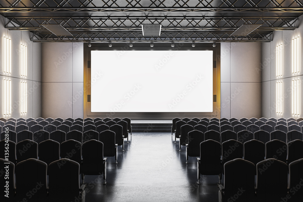Poster empty modern cinema hall with large blank screen and black seats. 3d rendering
