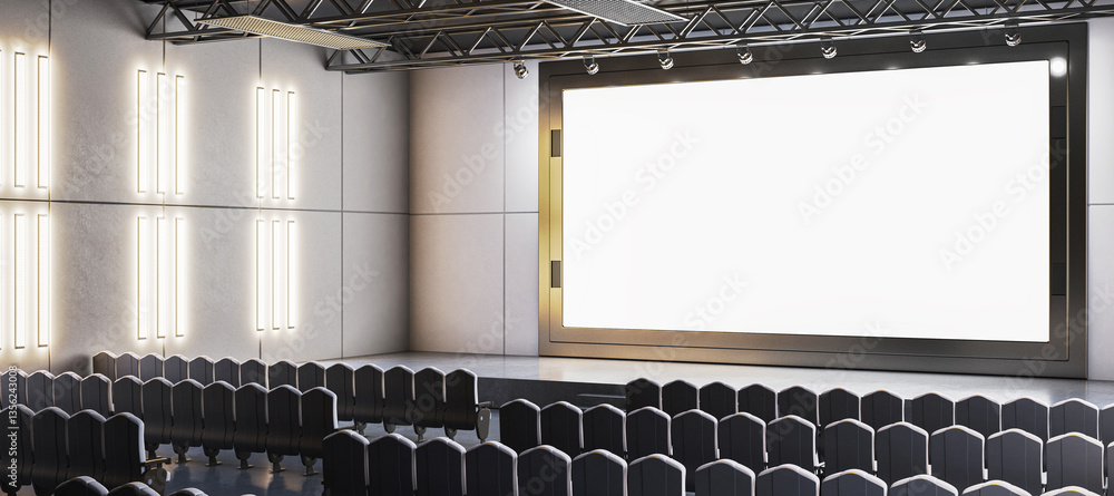 Poster modern auditorium with large blank screen and black seating arrangement. 3d rendering