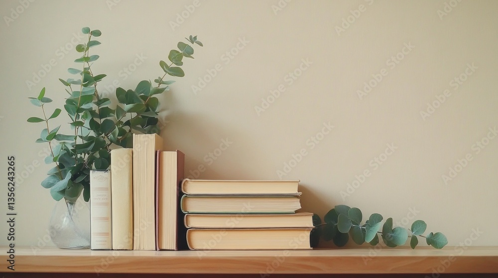Poster a collection of neatly stacked books rests on a wooden shelf, complemented by fresh eucalyptus sprig