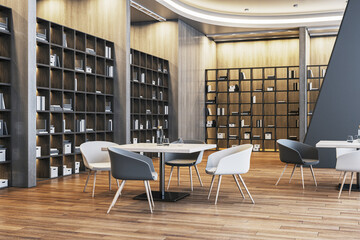 Modern library interior with bookshelves and seating area. 3D Rendering