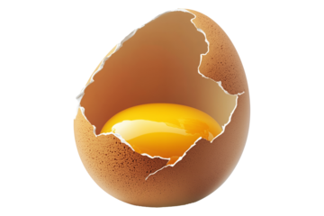 Close-up of cracked brown egg with yolk inside eggshell, isolated on white transparent background. Concept of Easter, food, fertility, and organic nutrition
