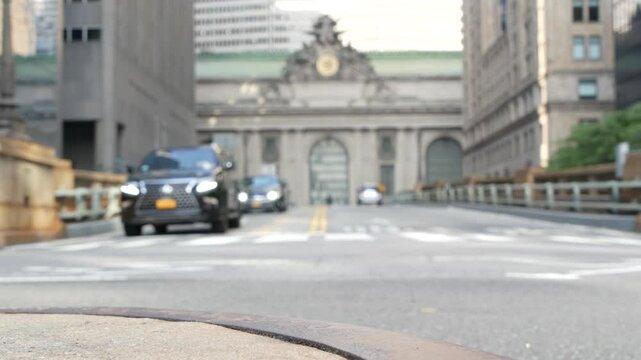 New York City Grand Central Terminal railway station building architecture, 42 street. Manhattan Midtown. Yellow taxi cab, car transport, Pershing Square bridge, NYC, USA. American urban road traffic.