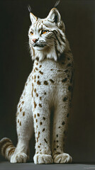 Snowy lynx full body portrait standing alert tufted ears spotted fur thick coat mountain feline wildlife winter setting graceful predator majestic presence texture white background arctic animal