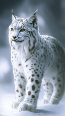 Obraz premium Snowy lynx full body portrait standing alert tufted ears spotted fur thick coat mountain feline wildlife winter setting graceful predator majestic presence texture white background arctic animal