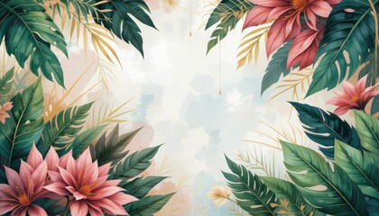 An abstract luxury art background in the watercolor style including golden art line motifs and exotic foliage. This tropical plant botanical banner is perfect for printing, wallpaper, and décor.