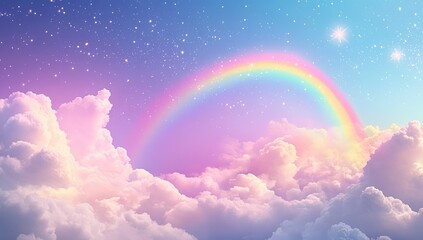 Pastel rainbow sky with fluffy clouds and stars