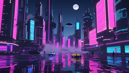 Skyscrapers with holographic billboards and flying cars create a dynamic urban scene. The pixel art style emphasizes a retro 8-bit aesthetic 