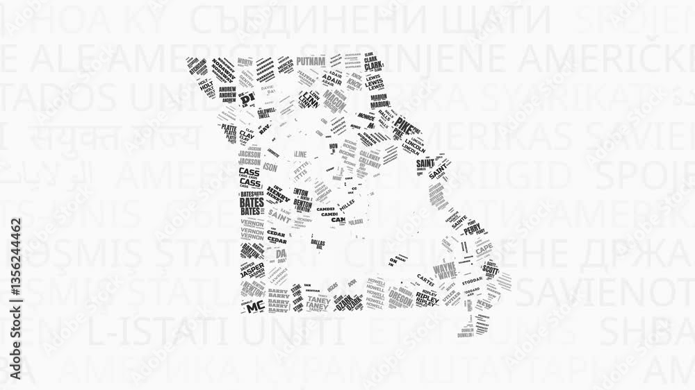 Poster missouri intro animation. state with counties illustration video. background with state names in var