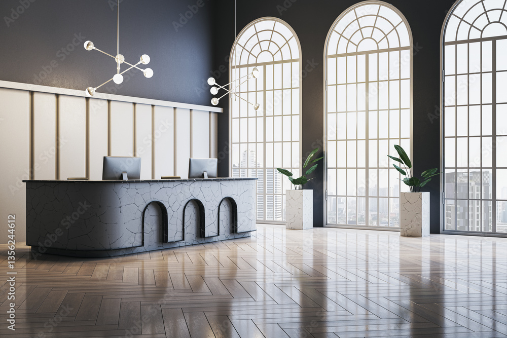Poster Modern reception desk in elegant office lobby with large arched windows. 3D Rendering