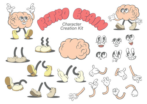 Vintage cartoon character creator, retro groovy mascot parts, classic cartoon hands and eyes