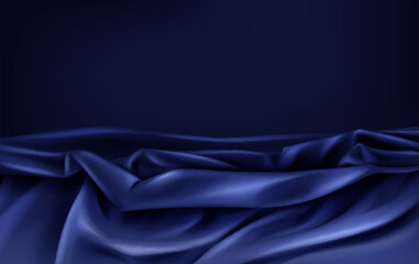 Realistic texture of Dark Blue Satin Fabric background. Vector 3D texture of silk natural fabric with smooth pleats of aqua color, turquoise.  