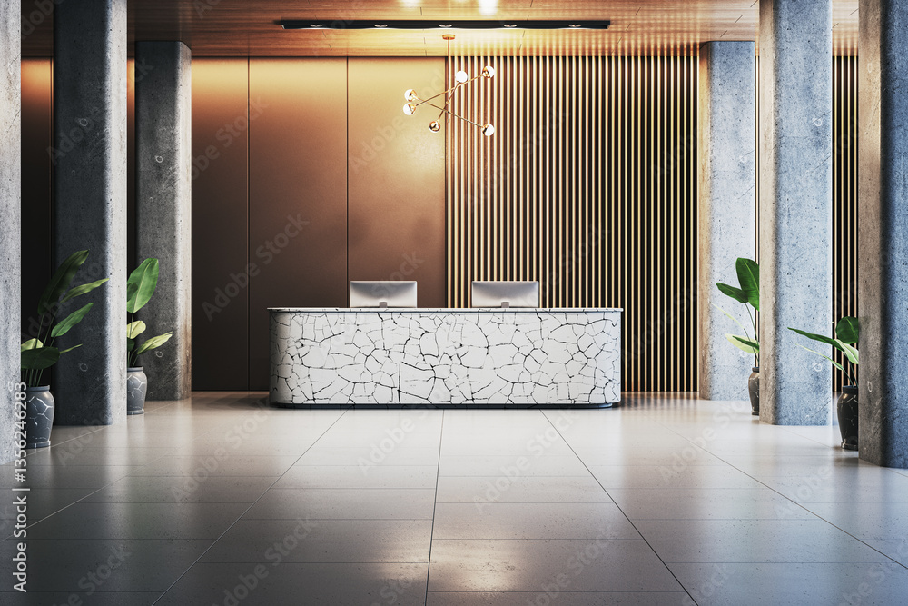 Poster modern office reception area with stylish desk and decorative elements. 3d rendering