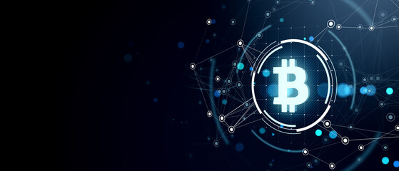 Fototapeta premium Bitcoin digital symbol with blockchain network connections on dark background. 3D Rendering