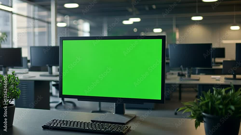 Poster close-up of a workstation featuring a desktop computer with a green screen,
