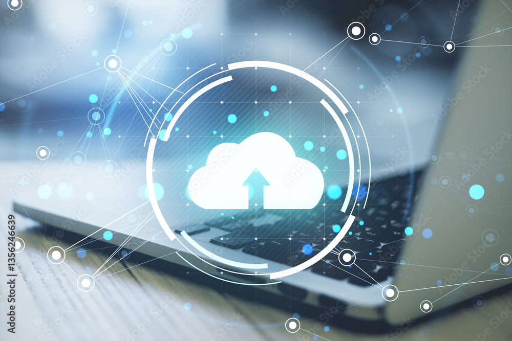 Aufkleber Cloud computing technology concept with a glowing upload icon over a laptop keyboard.