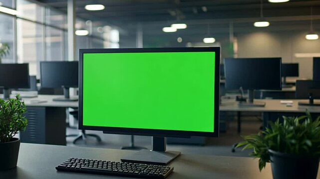 Close-up of a workstation featuring a desktop computer with a green screen,