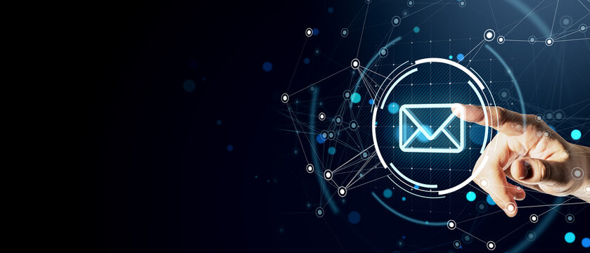 Futuristic email communication concept with digital network interface.