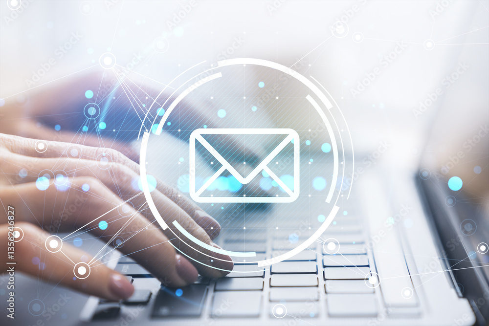 Poster Digital email communication concept with glowing envelope icon over hands typing on a laptop keyboard. Futuristic network connections in blue tones.