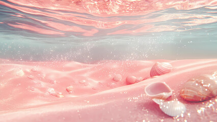 Fototapeta premium The pink sea sways, underwater is a sparkling shell-covered white sand beach, flashing dreamlike golden light, low perspective, vivid water waves and sparkling texture, realistic style, surreal