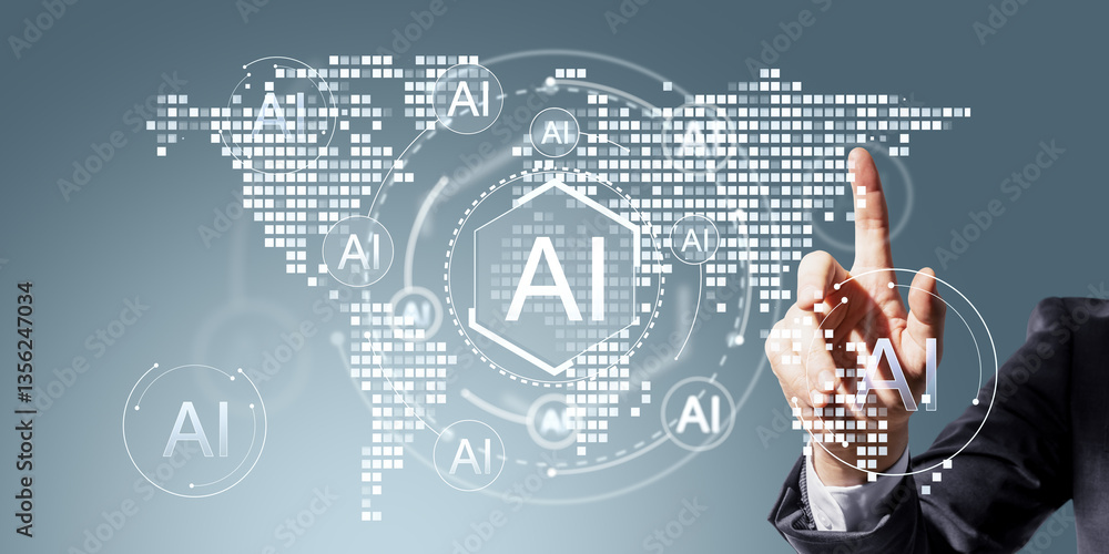 Aufkleber Futuristic AI technology concept with a businessman interacting with a digital interface displaying artificial intelligence symbols on a virtual world map.