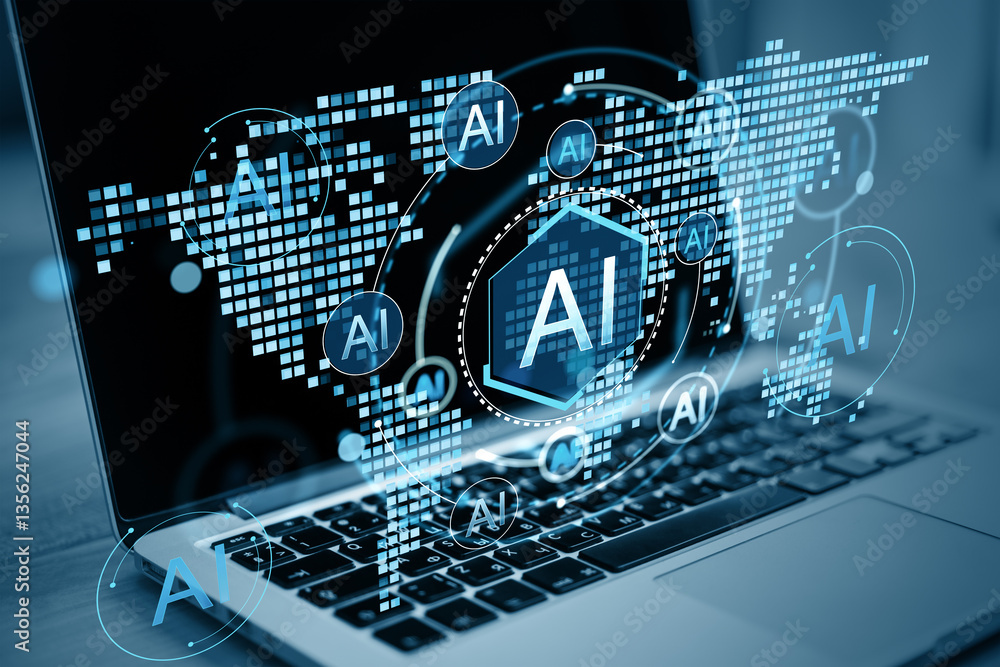 Poster AI technology digital concept with holographic interface on laptop. 3D Rendering