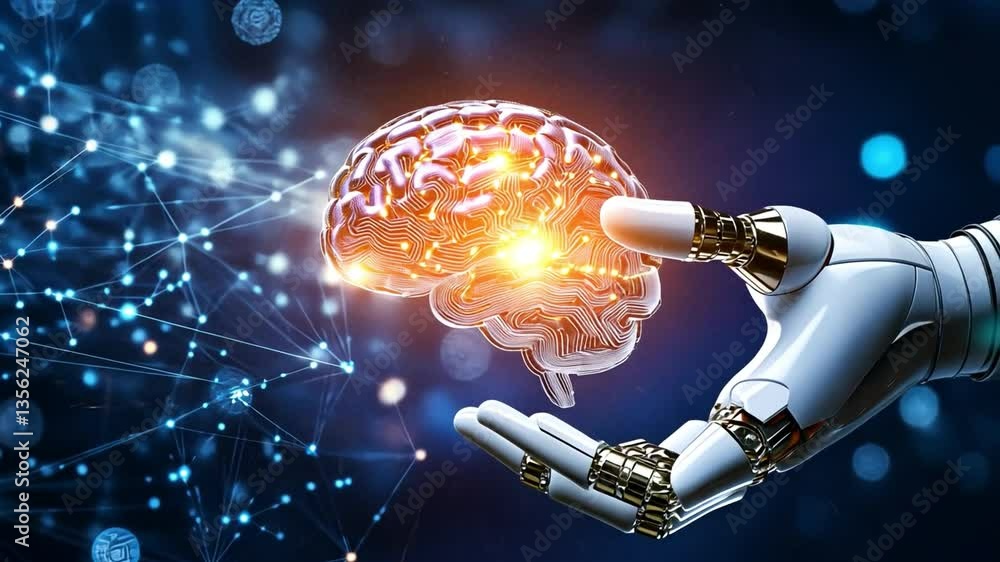 Poster digital brain and robotic hand: an artistic depiction of a robotic hand delicately cradling a glowin