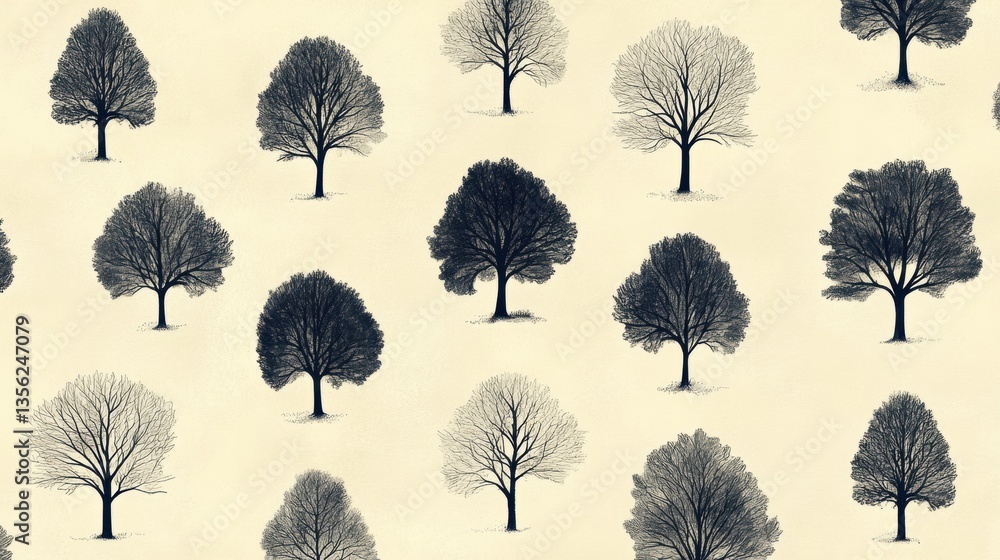 Poster aesthetic pattern of single trees in various states of foliage against a soft neutral background for