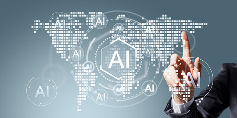 Futuristic AI technology concept with a businessman interacting with a digital interface displaying artificial intelligence symbols on a virtual world map.