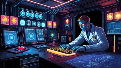 A hidden, high-tech underground bunker filled with pixel-art monitors, . A scientist in a lab coat types at a glowing keyboard while blueprints of a mysterious invention cover a desk.