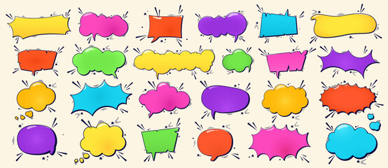 Big collection of empty color comic speech bubbles halftone dot elements.
