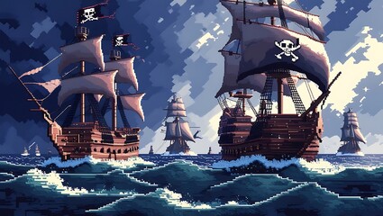 Cannons fire as waves crash against the wooden hulls. A pirate captain, standing at the bow, points his sword at the enemy ship, his hat flying in the wind.